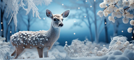 Festive snowy scene featuring snow-covered hills, a mountainous village, deer, woodland, pine trees, and reindeer. Seasonal natural backdrop with fox, elevations, and dwellingsの素材