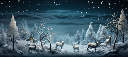 Festive snowy scene featuring snow-covered hills, a mountainous village, deer, woodland, pine trees, and reindeer. Seasonal natural backdrop with fox, elevations, and dwellingsの素材