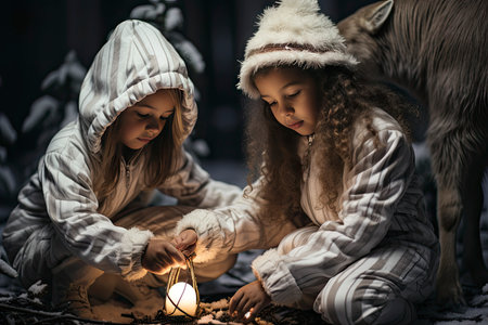 Merry Christmas and Happy Holidays! Cute little children girls with present gift box near tree at homeの素材