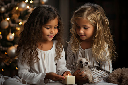 Merry Christmas and Happy Holidays! Cute little children girls with present gift box near tree at homeの素材