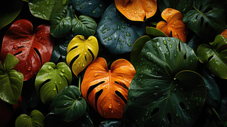 closeup nature view of green leaf and palms background. Flat lay, dark nature concept, tropical leafの素材