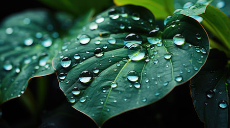 closeup nature view of green leaf and palms background. Flat lay, dark nature concept, tropical leafの素材
