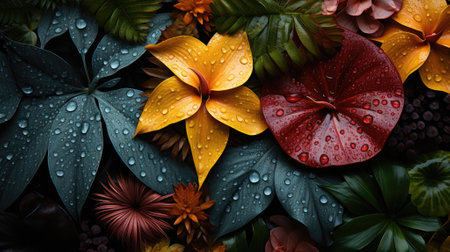 closeup nature view of green leaf and palms background. Flat lay, dark nature concept, tropical leafの素材