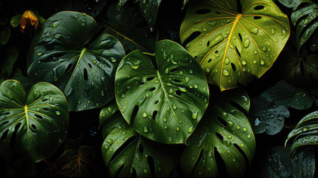 closeup nature view of green leaf and palms background. Flat lay, dark nature concept, tropical leafの素材
