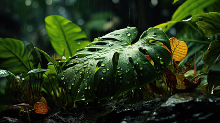 closeup nature view of green leaf and palms background. Flat lay, dark nature concept, tropical leafの素材