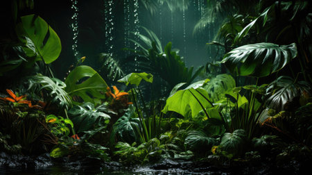 closeup nature view of green leaf and palms background. Flat lay, dark nature concept, tropical leafの素材