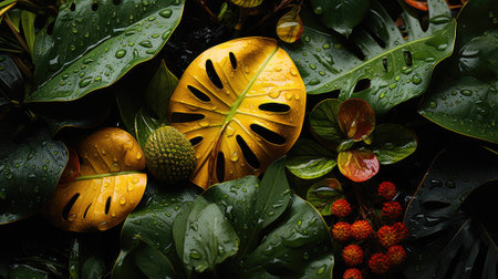 closeup nature view of green leaf and palms background. Flat lay, dark nature concept, tropical leafの素材