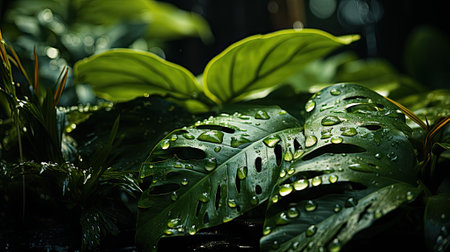 closeup nature view of green leaf and palms background. Flat lay, dark nature concept, tropical leafの素材