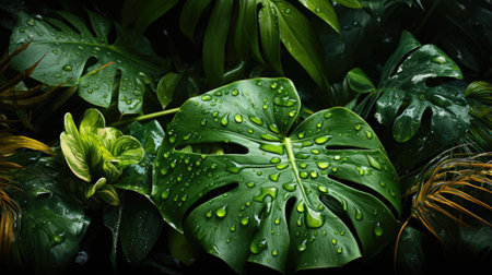 closeup nature view of green leaf and palms background. Flat lay, dark nature concept, tropical leafの素材