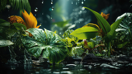 closeup nature view of green leaf and palms background. Flat lay, dark nature concept, tropical leafの素材