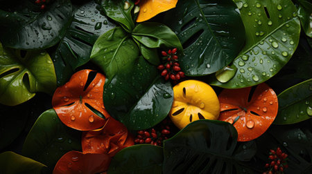 closeup nature view of green leaf and palms background. Flat lay, dark nature concept, tropical leafの素材