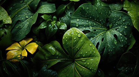 closeup nature view of green leaf and palms background. Flat lay, dark nature concept, tropical leafの素材