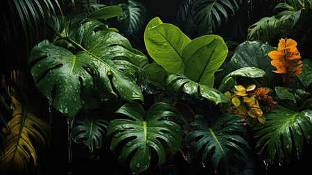 closeup nature view of green leaf and palms background. Flat lay, dark nature concept, tropical leafの素材