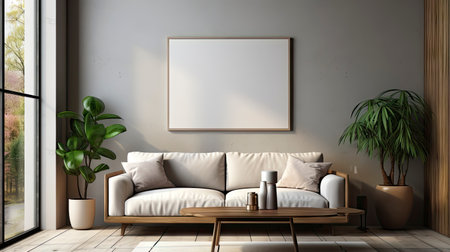 Mockup frame in cozy beige bedroom interior backgroundの素材