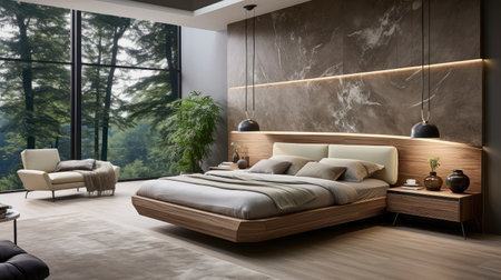 Mockup frame in cozy beige bedroom interior backgroundの素材
