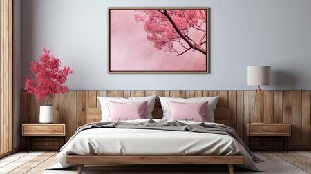Mockup frame in cozy beige bedroom interior backgroundの素材