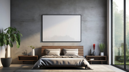Mockup frame in cozy beige bedroom interior backgroundの素材