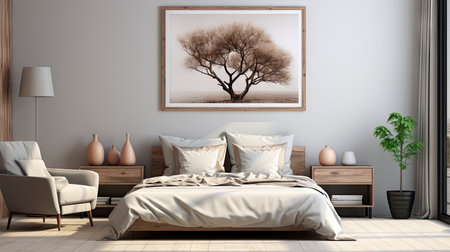 Mockup frame in cozy beige bedroom interior backgroundの素材