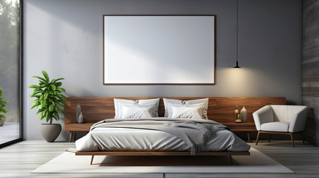 Mockup frame in cozy beige bedroom interior backgroundの素材