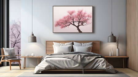 Mockup frame in cozy beige bedroom interior backgroundの素材