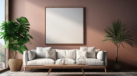 Mockup frame in cozy beige bedroom interior backgroundの素材