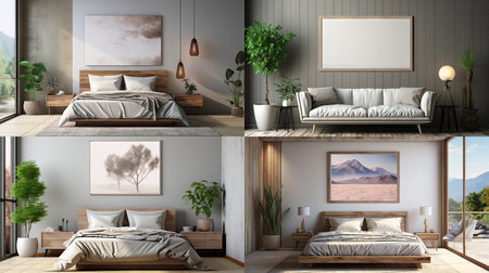 Sample frame set against a comfortable taupe bedroom backdropの素材