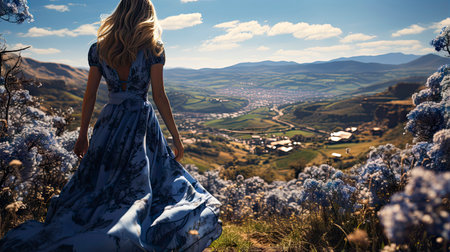 Ethereal woman in floral field at sunset, golden light enhancing beauty and surrounding nature.の素材