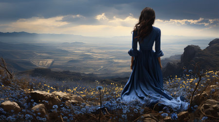 Ethereal woman in floral field at sunset, golden light enhancing beauty and surrounding nature.の素材