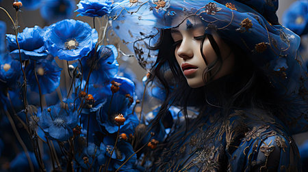 Ethereal woman in floral field at sunset, golden light enhancing beauty and surrounding nature.の素材