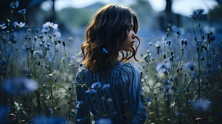 Ethereal woman in floral field at sunset, golden light enhancing beauty and surrounding nature.の素材
