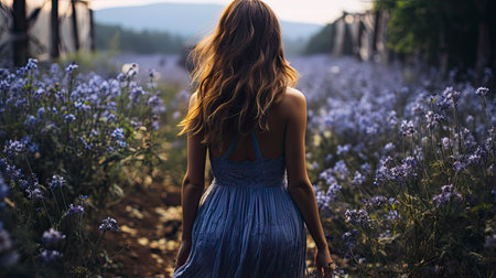 Ethereal woman in floral field at sunset, golden light enhancing beauty and surrounding nature.の素材