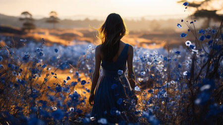 Ethereal woman in floral field at sunset, golden light enhancing beauty and surrounding nature.の素材