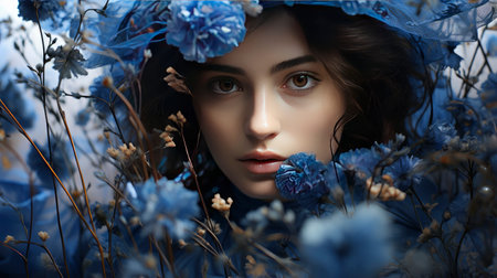 Ethereal woman in floral field at sunset, golden light enhancing beauty and surrounding nature.の素材