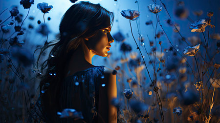 Ethereal woman in floral field at sunset, golden light enhancing beauty and surrounding nature.の素材