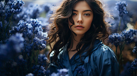 Ethereal woman in floral field at sunset, golden light enhancing beauty and surrounding nature.の素材