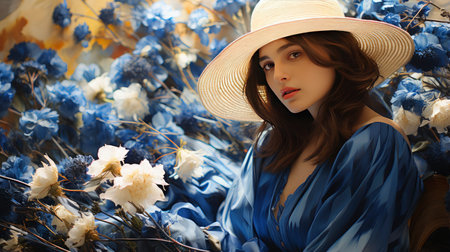 Ethereal woman in floral field at sunset, golden light enhancing beauty and surrounding nature.の素材