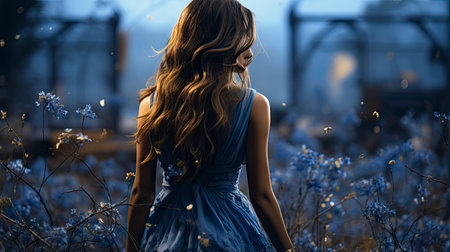 Ethereal woman in floral field at sunset, golden light enhancing beauty and surrounding nature.の素材