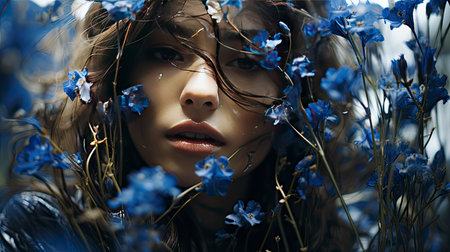 Ethereal woman in floral field at sunset, golden light enhancing beauty and surrounding nature.の素材