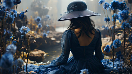 Ethereal woman in floral field at sunset, golden light enhancing beauty and surrounding nature.の素材