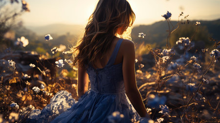 Ethereal woman in floral field at sunset, golden light enhancing beauty and surrounding nature.の素材