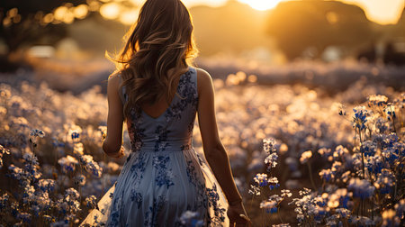 Ethereal woman in floral field at sunset, golden light enhancing beauty and surrounding nature.の素材