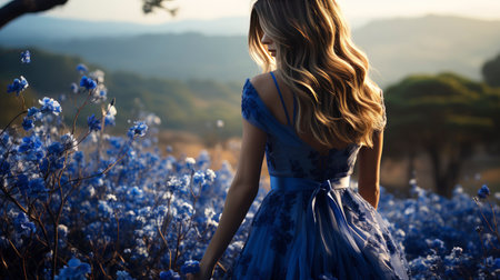 Blonde woman amidst vibrant flowers under a blue sky, capturing nature's beauty and ethereal elegance.の素材