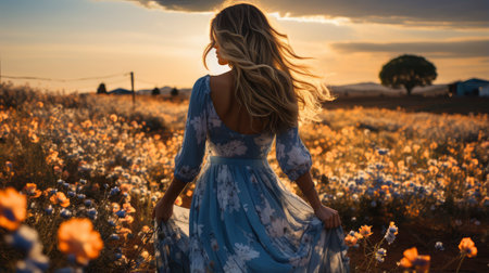 Blonde woman amidst vibrant flowers under a blue sky, capturing nature's beauty and ethereal elegance.の素材