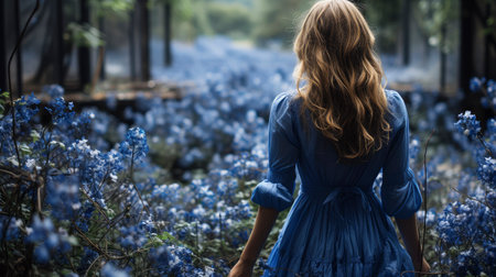Blonde woman amidst vibrant flowers under a blue sky, capturing nature's beauty and ethereal elegance.の素材