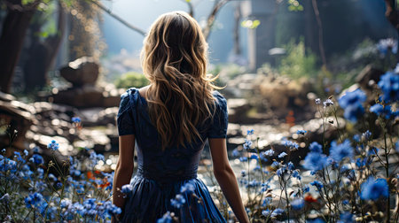 Blonde woman amidst vibrant flowers under a blue sky, capturing nature's beauty and ethereal elegance.の素材