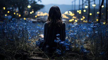 Blonde woman amidst vibrant flowers under a blue sky, capturing nature's beauty and ethereal elegance.の素材