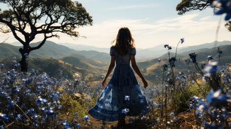 Blonde woman amidst vibrant flowers under a blue sky, capturing nature's beauty and ethereal elegance.の素材