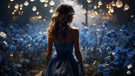 Blonde woman amidst vibrant flowers under a blue sky, capturing nature's beauty and ethereal elegance.の素材