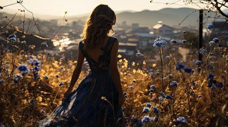 Blonde woman amidst vibrant flowers under a blue sky, capturing nature's beauty and ethereal elegance.の素材
