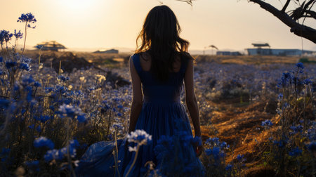 Blonde woman amidst vibrant flowers under a blue sky, capturing nature's beauty and ethereal elegance.の素材